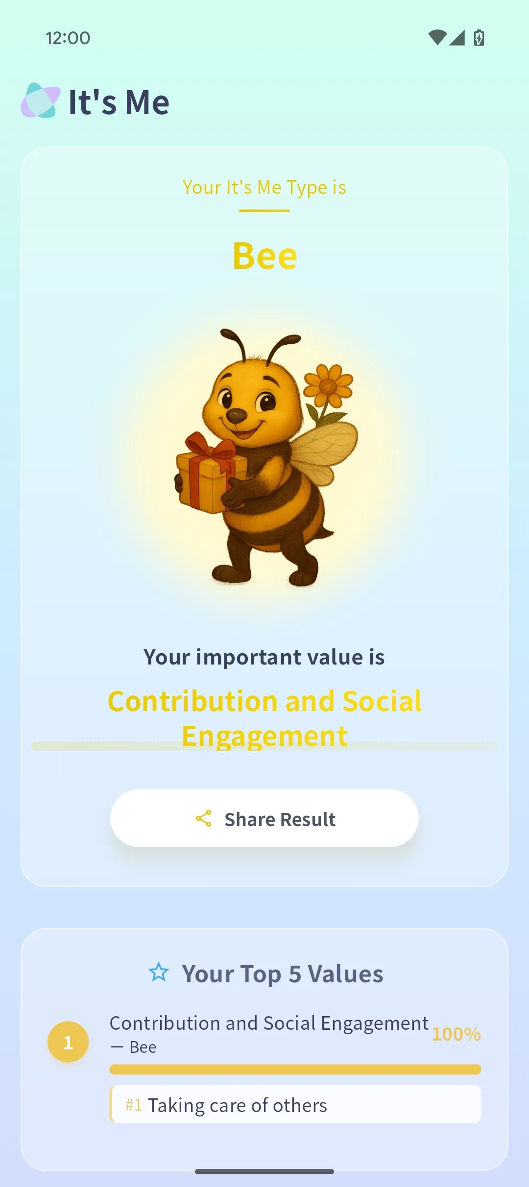 Bee type assessment result screen