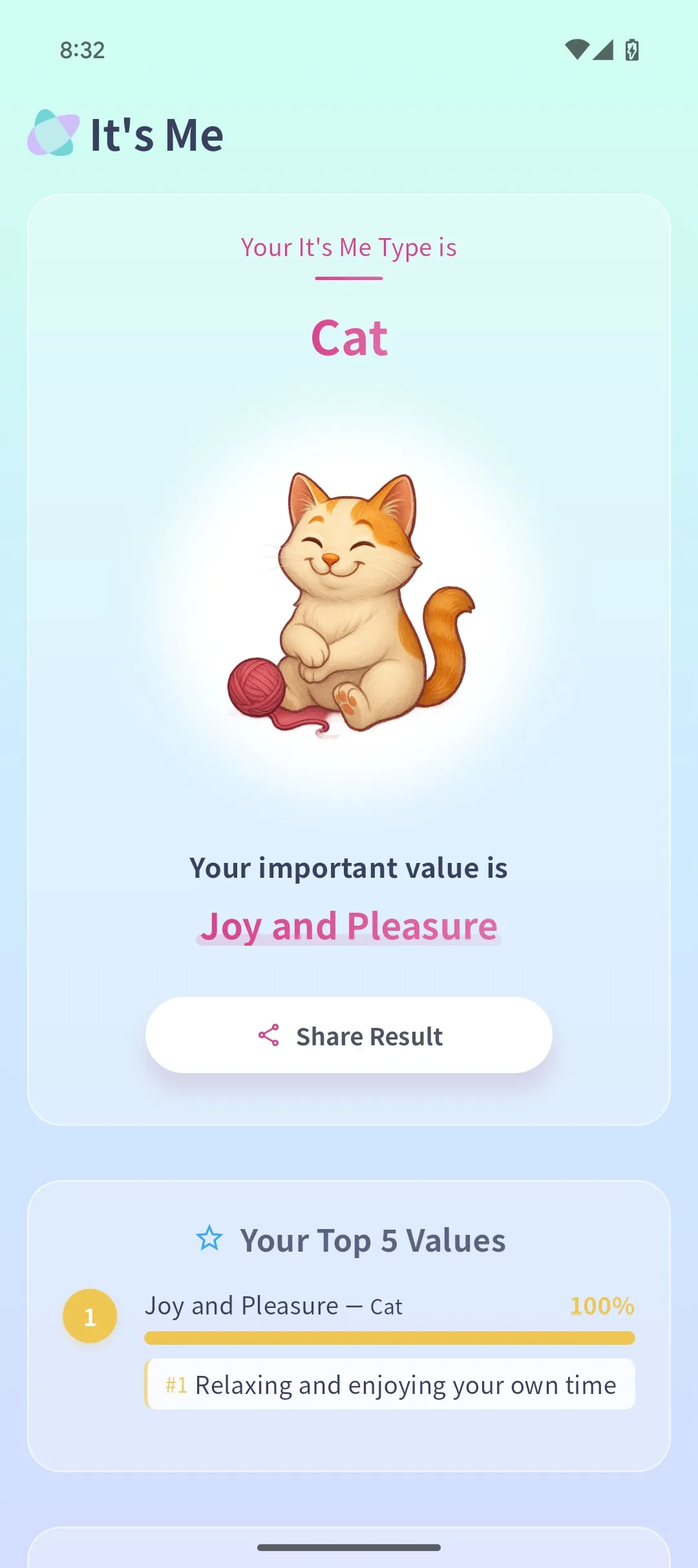 Cat type assessment result screen