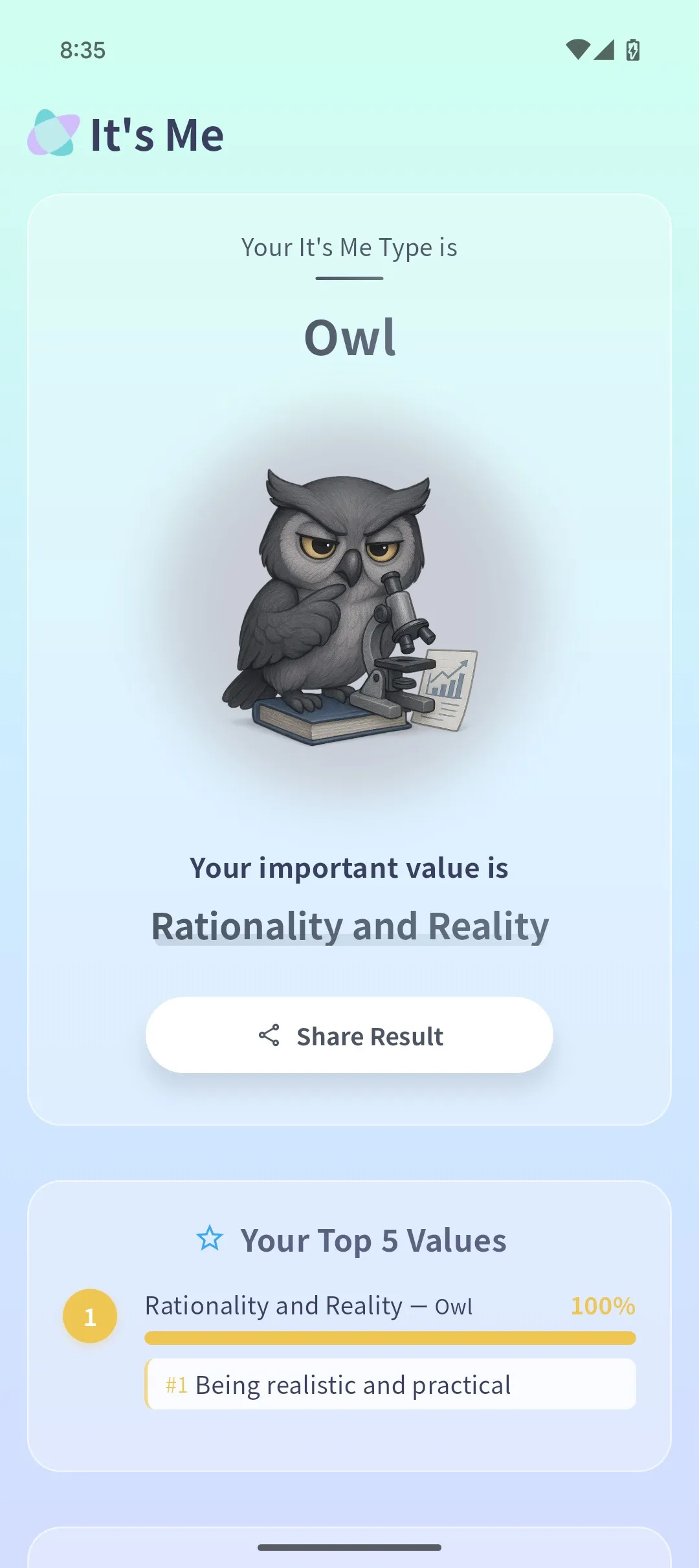 Owl type assessment result screen