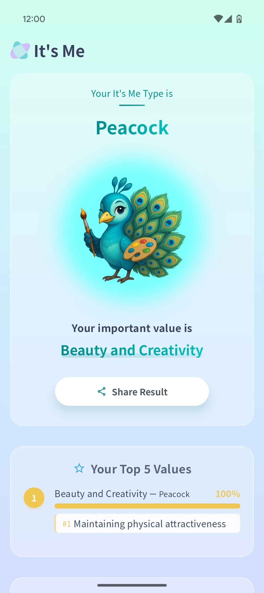 Peacock type assessment result screen